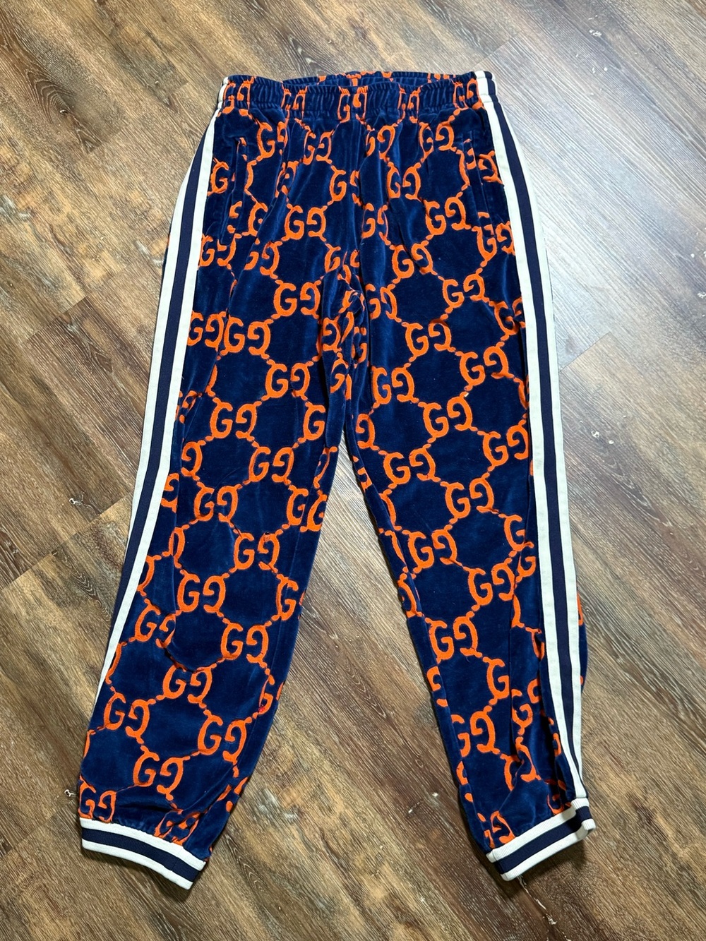 Gucci GG Monogram Velour Jogger Pants Blue Orange Track Pants Size S